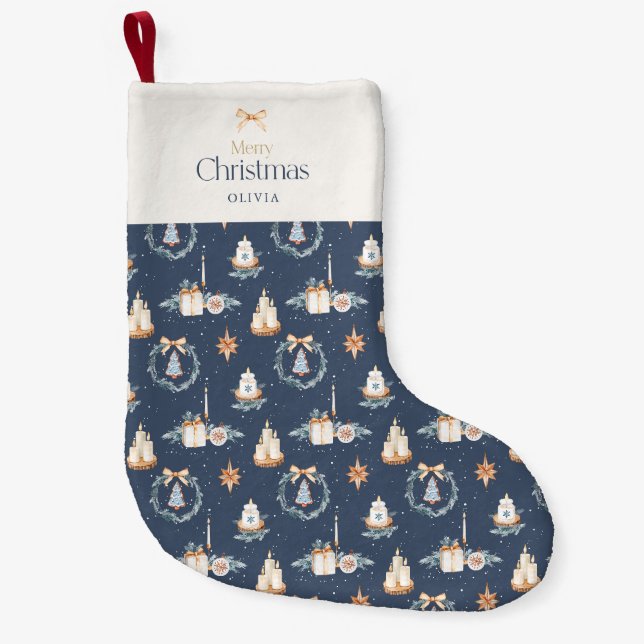 Petite Chaussette De Noël Aquarelle bleu marine Noël Stocking (Devant)