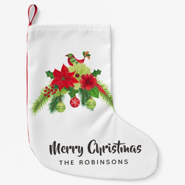 Petite Chaussette De Noël Aquarelle d'art populaire Noël floral (Devant)