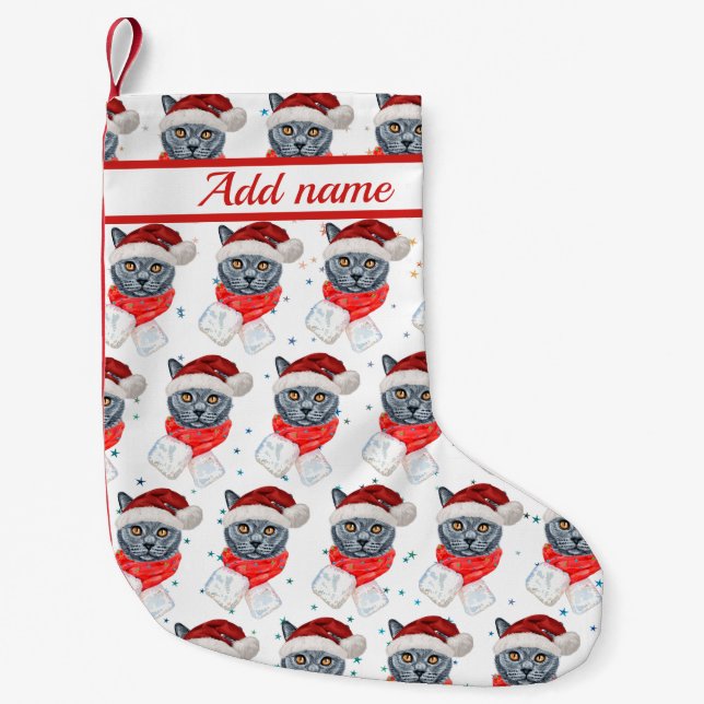 Petite Chaussette De Noël Aquarelle de chat gris mignonne avec écusson (Devant)