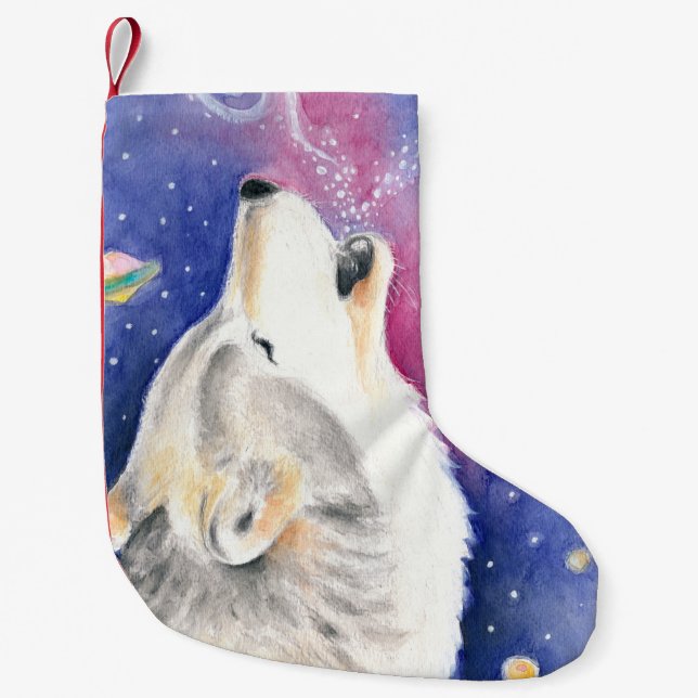 Petite Chaussette De Noël Aquarelle de loup cosmique (Devant)
