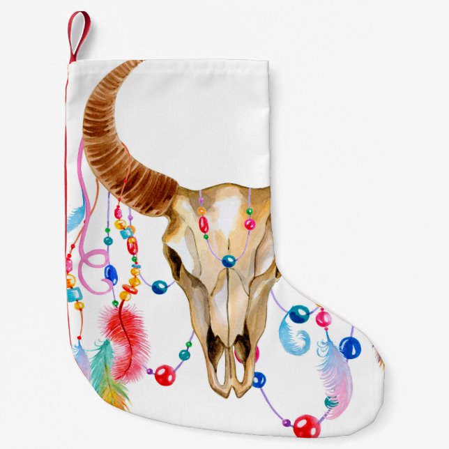 Petite Chaussette De Noël Aquarelle isolée Crâne : Arrière - plan blanc. (Devant)