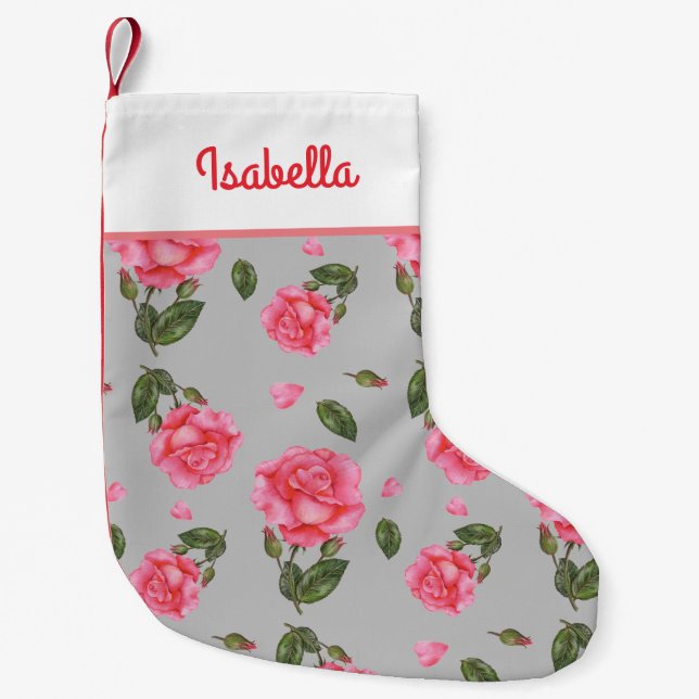 Petite Chaussette De Noël Aquarelle rose Roses Illustration botanique (Devant)