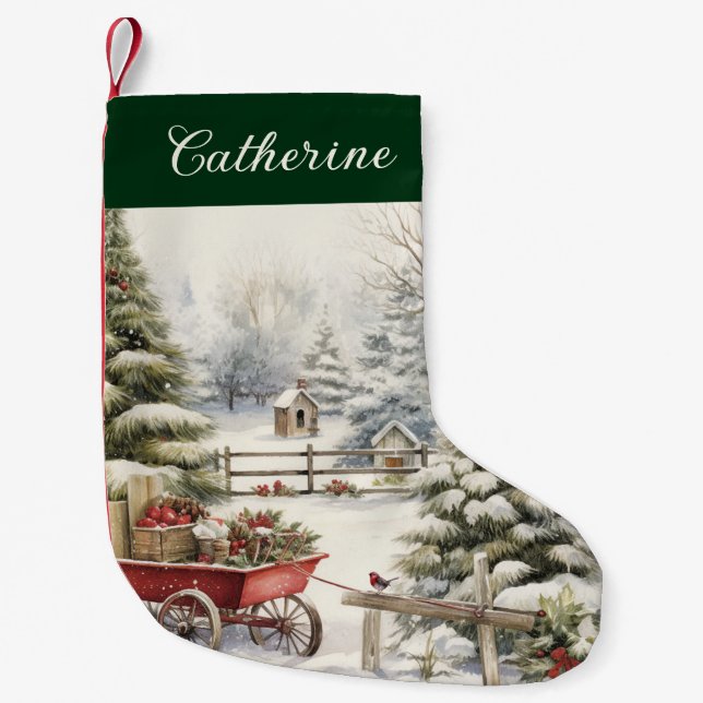 Petite Chaussette De Noël Aquarelle rustique Arbre de Noël personnalisé (Devant)