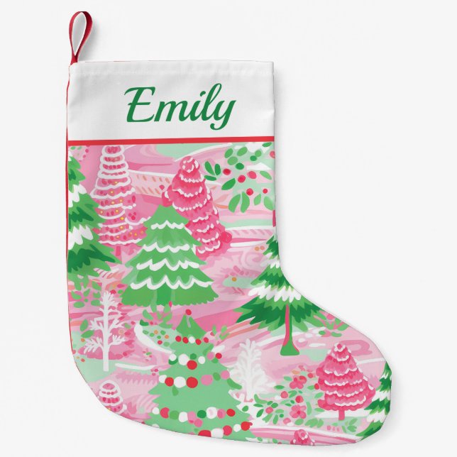 Petite Chaussette De Noël Arbre de Noël rose et vert (Devant)