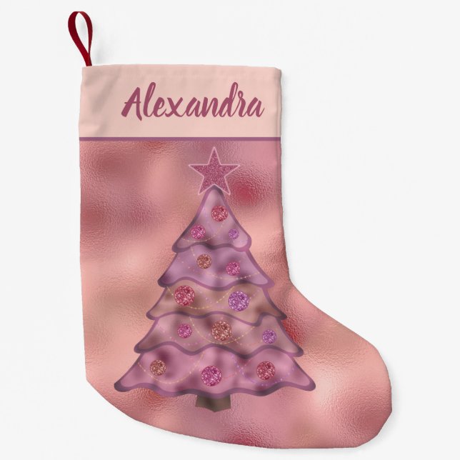 Petite Chaussette De Noël Arbre de Noël rose holographique Nom double face (Devant)