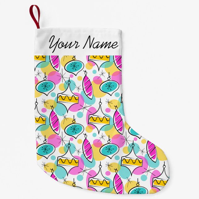 Petite Chaussette De Noël Arbre rétro Baubles Multi Nom bas 2 côtés (Devant)