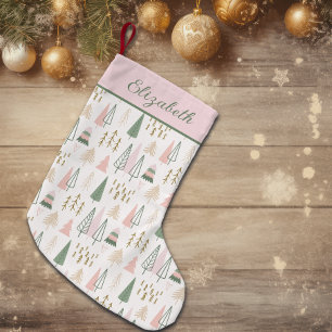 Petite Chaussette De Noël Arbres nordiques rose et vert Hygge Scandi nom