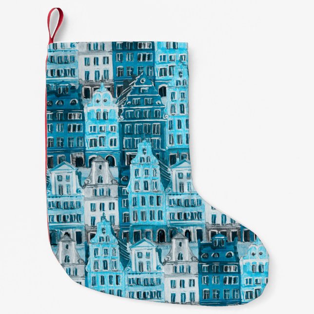Petite Chaussette De Noël Architecture d'Amsterdam, aquarelle bleue. (Devant)