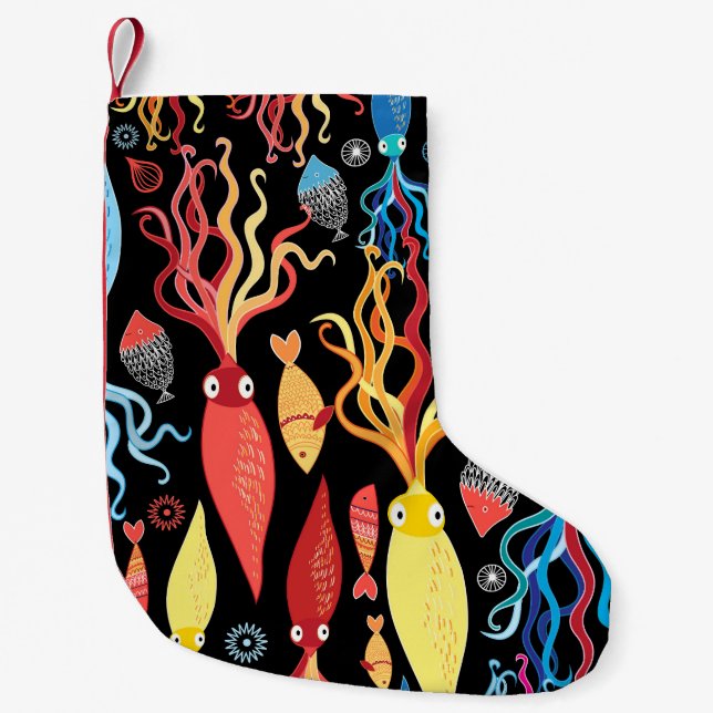 Petite Chaussette De Noël Arrière - plan noir de poisson calmar multicolore (Devant)