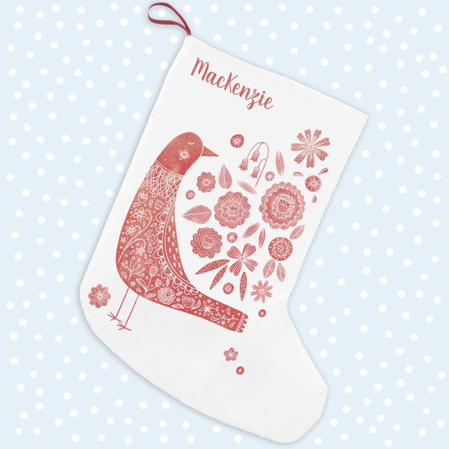 Petite Chaussette De Noël Art folklorique d'oiseaux personnalisé (Nordic Bird Scandinavian style personalized name Christmas stocking in red and white)
