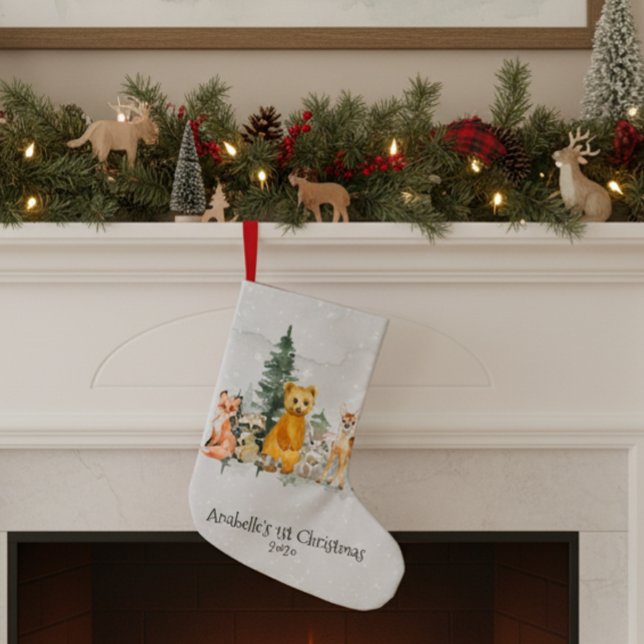 Petite Chaussette De Noël Bébé 1er Noël Bois Animal Aquarelle (Créateur téléchargé)