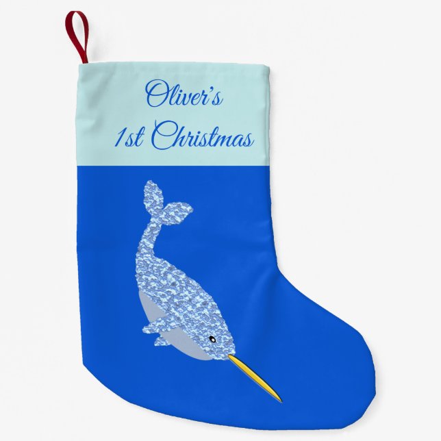 Petite Chaussette De Noël Bébé bleu mignon Garçon Narwhal Custom 1er Noël (Devant)