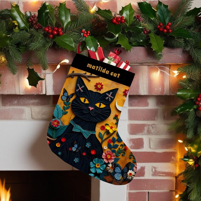 Petite Chaussette De Noël Black Cat Folk Art Animaux de Noël Stocker (For your black cat that loves paper crafts. Just add their name)