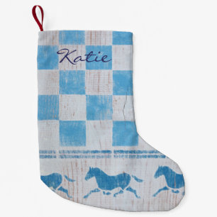Petite Chaussette De Noël Blue checkerboard horses