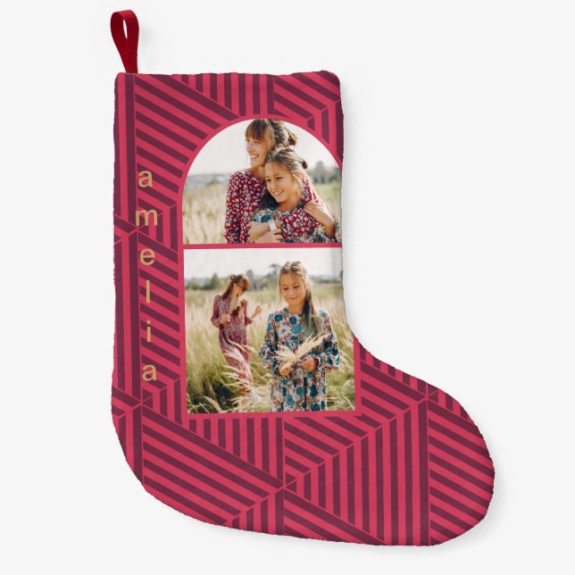 Petite Chaussette De Noël Boho géométrique deux photo et nom (Devant)
