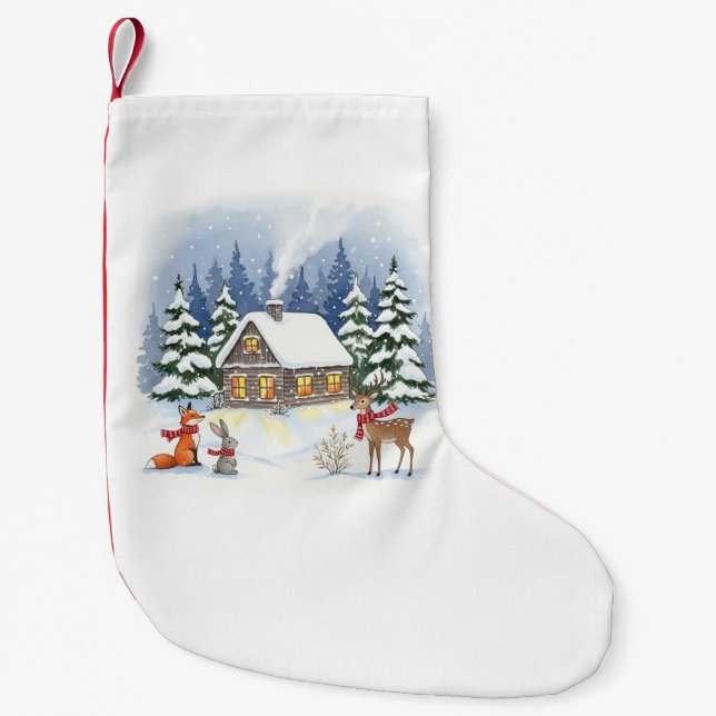 Petite Chaussette De Noël Bois Cabine d'hiver Noël Stocker (Devant)