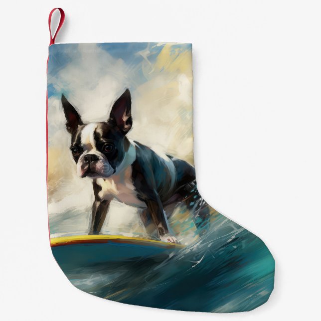 Petite Chaussette De Noël Boston Terrier Beach Surfing Peinture (Devant)