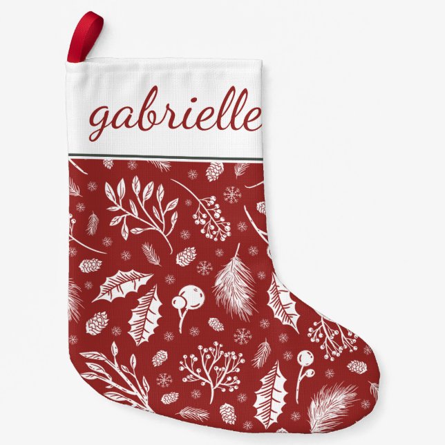 Petite Chaussette De Noël Botanique d'hiver rustique avec nom Holiday (Devant)