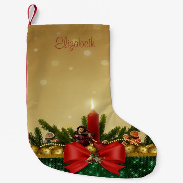Petite Chaussette De Noël Branches d'arbre de Noël, Bow rouge, Bougie, Boule (Devant)