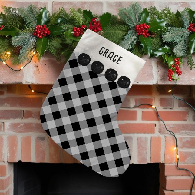 Petite Chaussette De Noël Buffle noir et blanc Plaid Christmas Stocking (Add your name to this black and white buffalo plaid Christmas stocking)