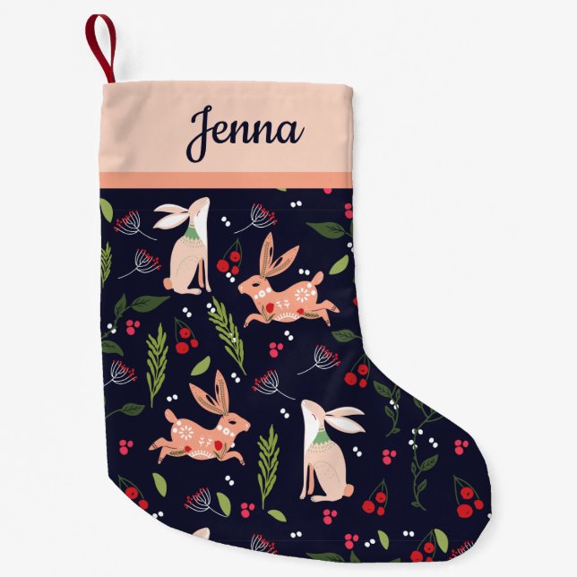 Petite Chaussette De Noël Bunnies d'art populaire scandinave personnalisés (Devant)