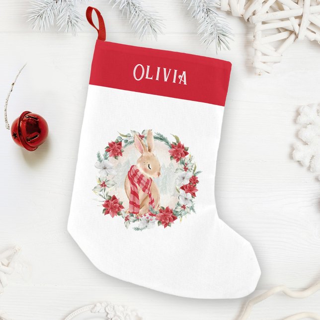 Petite Chaussette De Noël Bunny Poinsettia Aquarelle Nom Fille Noël (Bunny Poinsettia Watercolor Name Girl Christmas Small Christmas Stocking)