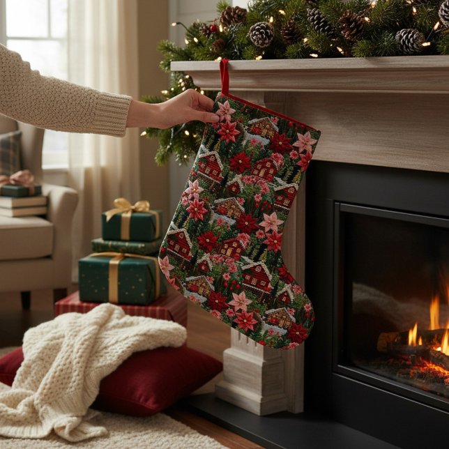 Petite Chaussette De Noël Cabine de vacances Noël Floral Faux Broderie (Créateur téléchargé)