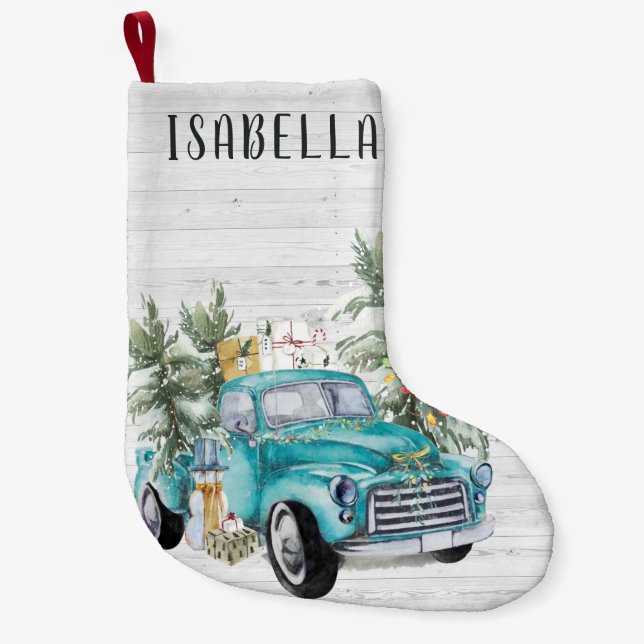 Petite Chaussette De Noël Camion rustique Bleu| Noël monogramme (Devant)