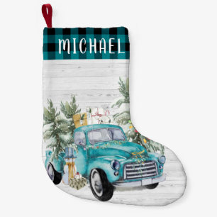 Petite Chaussette De Noël Camionnette de Ferme Rustique Bleue Noël Monogra
