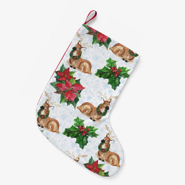Petite Chaussette De Noël Cerfs De Bois En Aquarelle Noël (Devant (Accrochage))