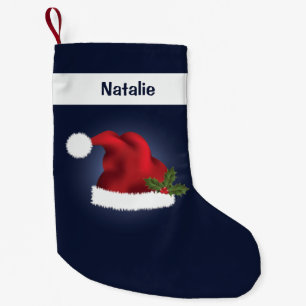 Petite Chaussette De Noël Chapeau de Santa Festif Rouge sur Fond Bleu avec N