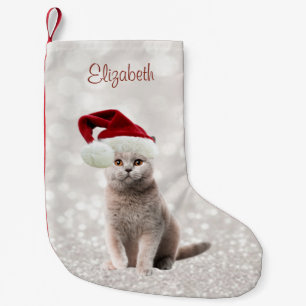 Petite Chaussette De Noël Chat avec chapeau de Père Noël, Bokeh pailleté