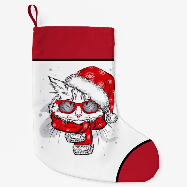 Petite Chaussette De Noël Chat blanc mignon Joyeux Noël (Devant)