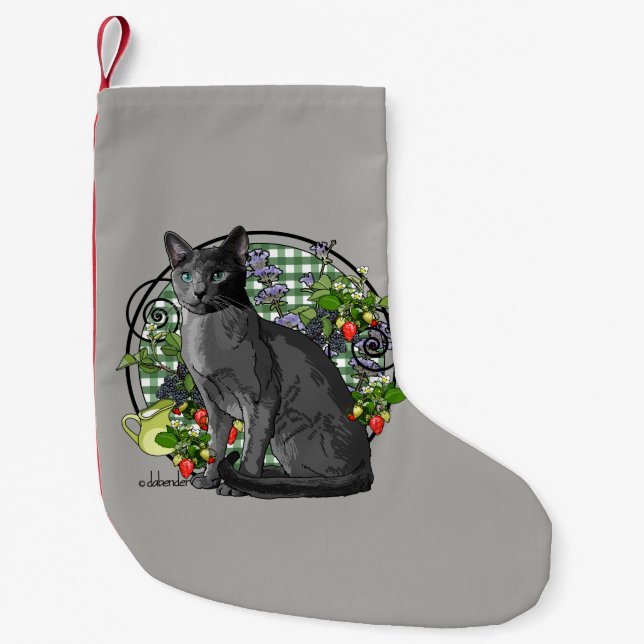 Petite Chaussette De Noël Chat bleu russe avec des baies (Devant)