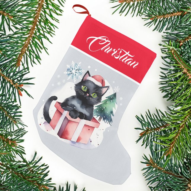 Petite Chaussette De Noël Chat dans une boîte cadeaux de Noël chatons (Cat in a gift box Christmas stocking personalized name Christmas gifts for cat lovers)