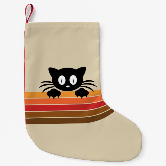 Petite Chaussette De Noël Chat noir mignon avec rayures rétro (Devant)