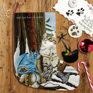 Petite Chaussette De Noël Chat Viking Bleu Dragon Fantastique