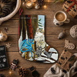 Petite Chaussette De Noël Chat Viking Bleu Dragon Fantastique