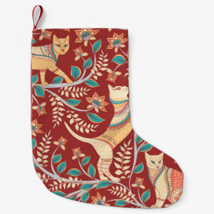 Petite Chaussette De Noël Chats avec ornements, branches avec fleurs et feui