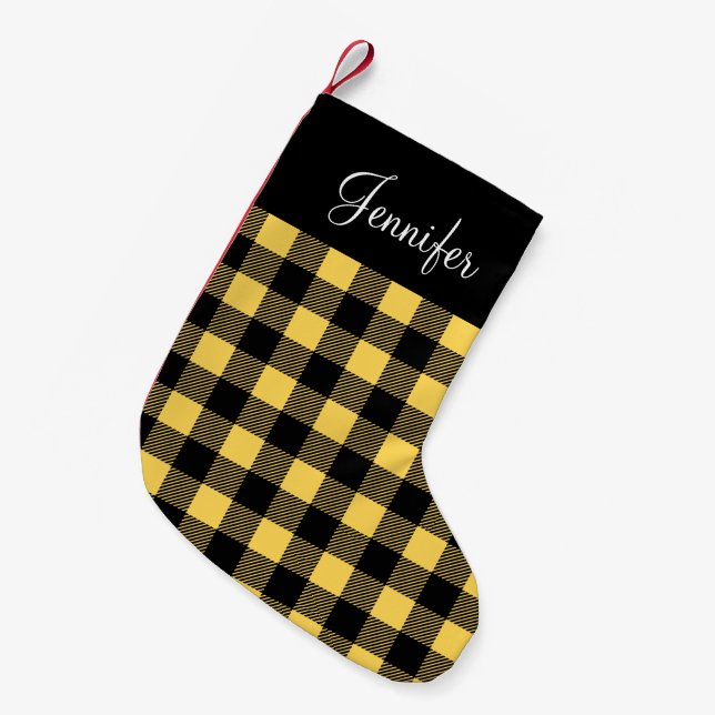 Petite Chaussette De Noël Chèque de bison jaune rustique personnalisé (Devant (Accrochage))