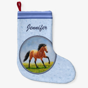 Petite Chaussette De Noël Cheval Buckskin courant bleu clair