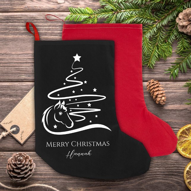 Petite Chaussette De Noël Cheval sapin de Noël noir et blanc Equestre (Horse Christmas tree Christmas stockings, personalized, vector art.)