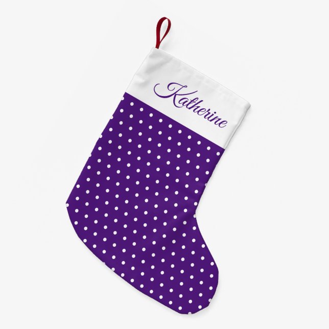 Petite Chaussette De Noël Chic mignon nom foncé violet et blanc point Polka (Devant (Accrochage))