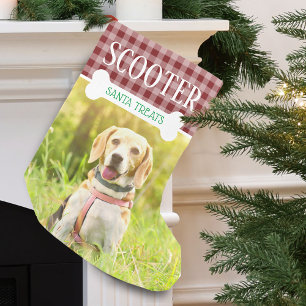Petite Chaussette De Noël Chien amusant Nom personnalisé Photo carreaux roug