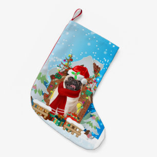 Petite Chaussette De Noël Chien carlin avec cadeaux de Noël