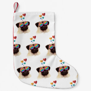 Petite Chaussette De Noël Chien Carlin avec coeurs Saint-Valentin