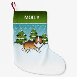 Petite Chaussette De Noël Chien de dessin animé Sable Sheltie en hiver & nom