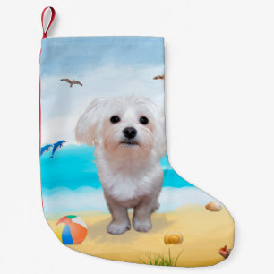 Petite Chaussette De Noël Chien maltais sur la plage
