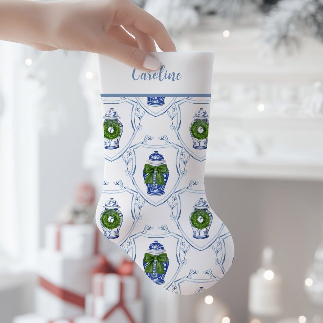 Petite Chaussette De Noël Chinoiserie Ginger Jar (Chinoiserie Blue and White Ginger Jar Christmas Stocking)