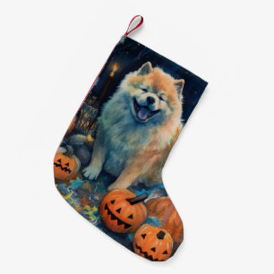 Petite Chaussette De Noël Chow Chow d'Halloween avec citrouilles effrayant